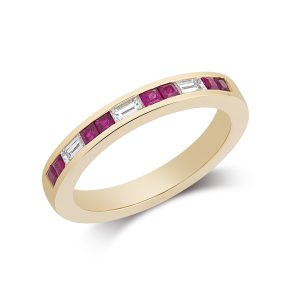 11 stone channel set ruby square and diamond baguette half eternity ring (dot dot dash)