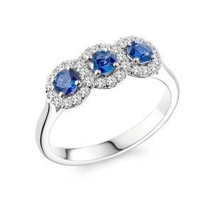 Triple Mini Halo Diamond and Sapphire Ring in Platinum, 0.90ct