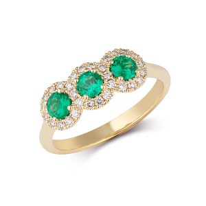Triple Mini Diamond and Emerald Cluster Ring in 18ct Yellow Gold, 0.80
