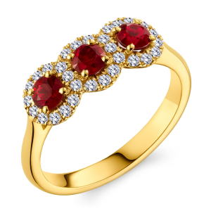 Triple Mini Halo Diamond & Ruby Halo Ring in 18ct Yellow Gold, 0.90cts